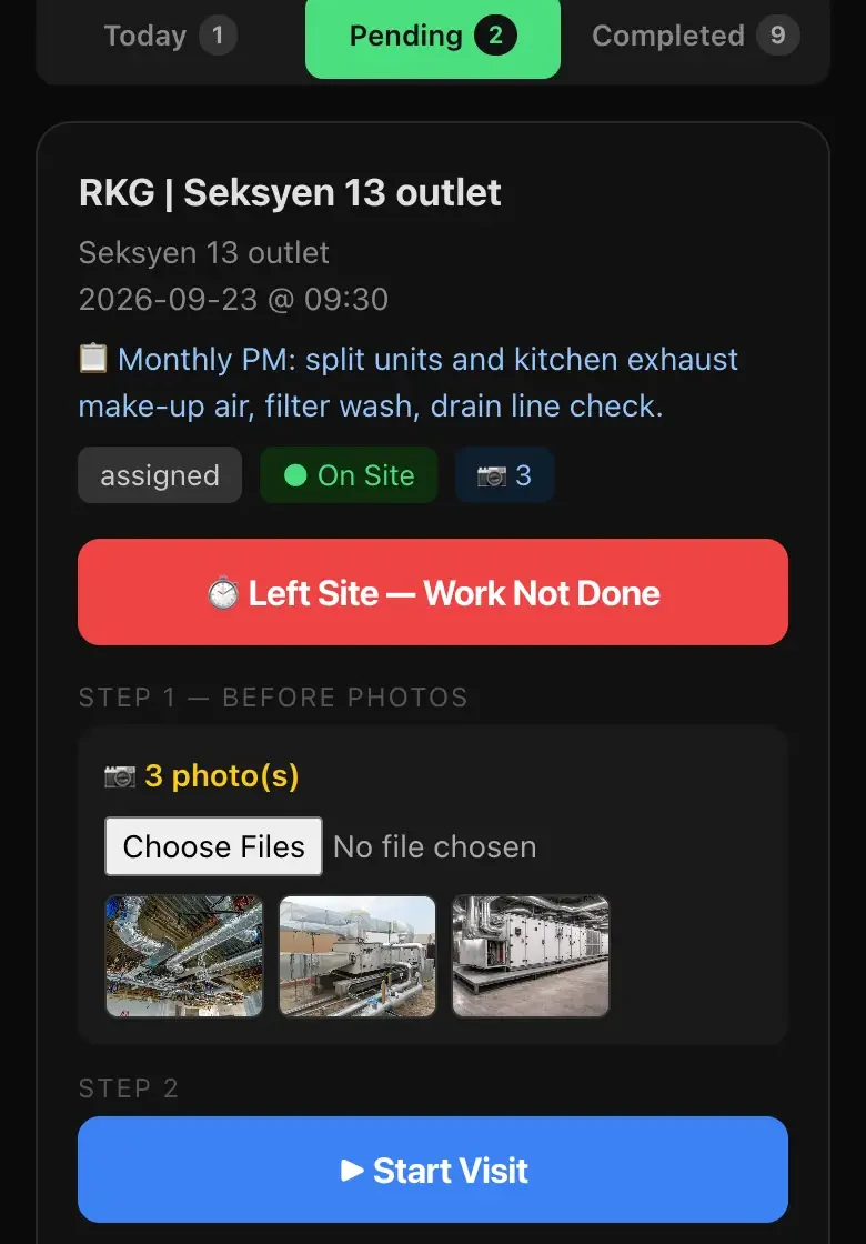 A visit on the technician's phone: customer, date and time, the work to be done, an On Site marker, three before-photos of plant-room ductwork and air handling units, and the Start Visit step below.